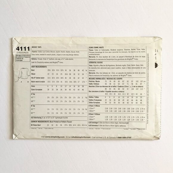 Simplicity Built By Wendy Shirt Blouse Sewing Pattern 4111 Size D5 4-12 Uncut - Picture 2 of 4